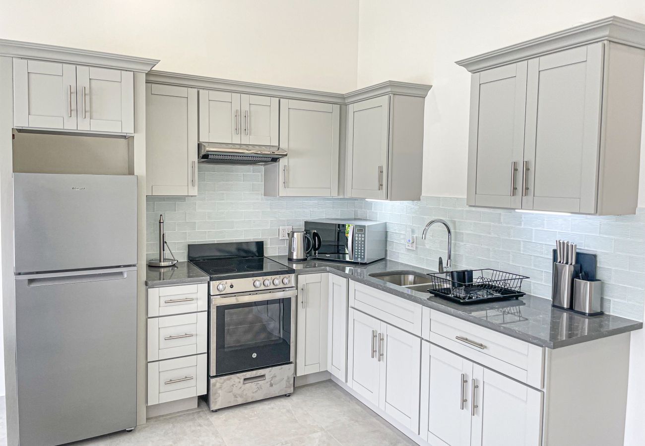 Spacious One Bedroom Apartment with a simple, bright open kitchen with modern appliances at Jolly Harbour Villa Rentals