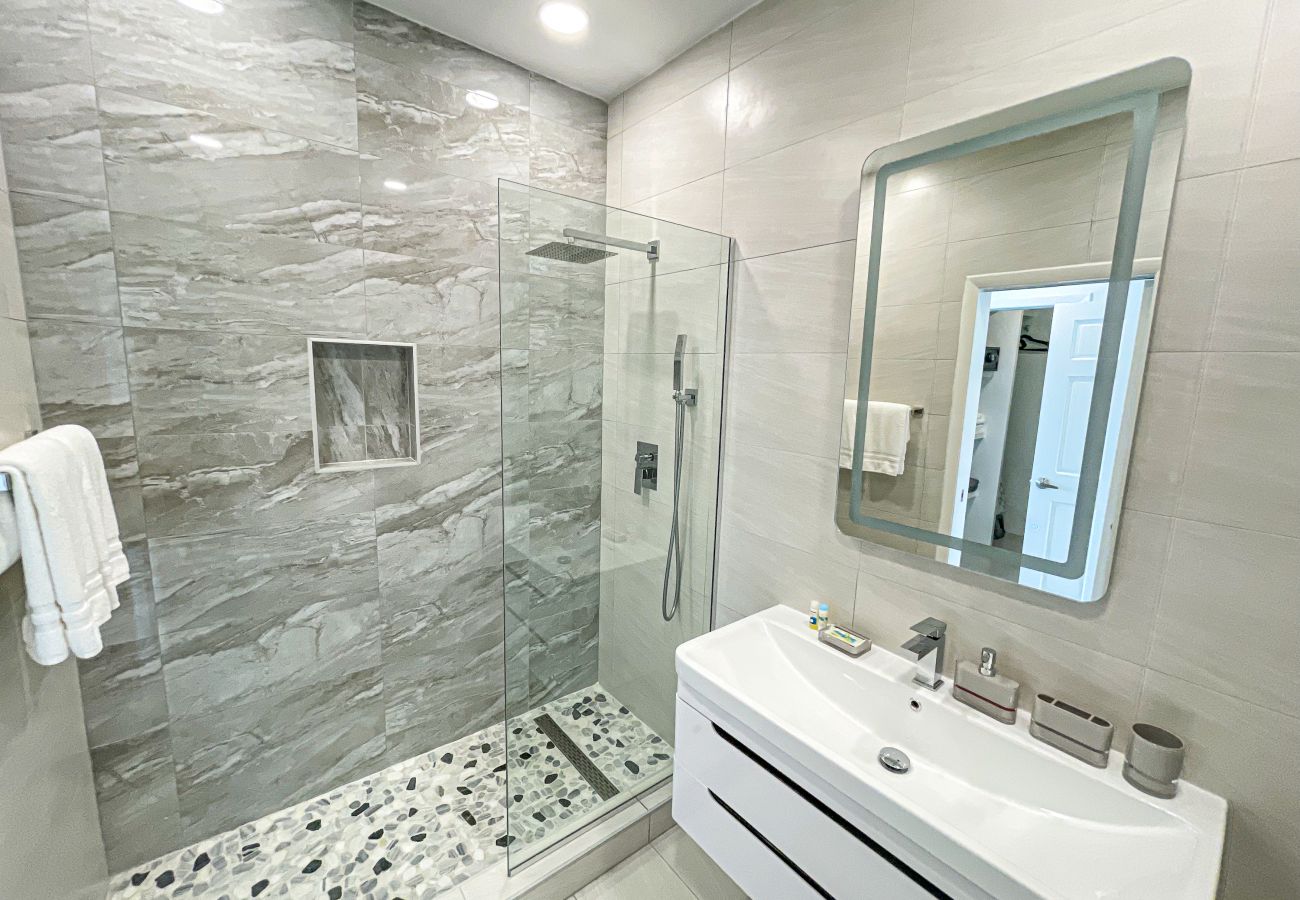 Jolly Harbour villa rentals, spacious en-suite bathroom with walk-in shower and amazing views